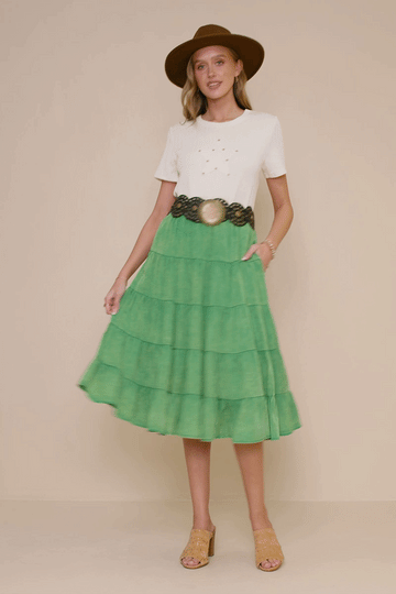 HY8073 Rust Womens Two Tone Washed Tiered Skirt Front